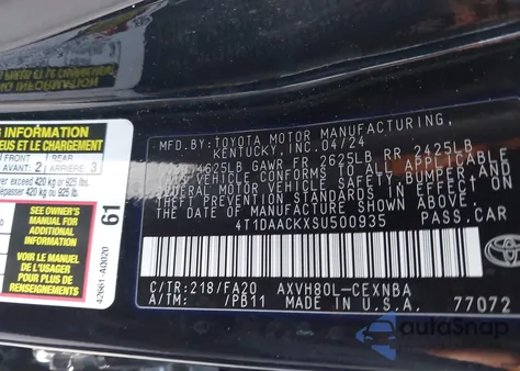 2025 Toyota Camry Le z USA, uszkodzony, nr VIN 4T1DAACKXSU500935